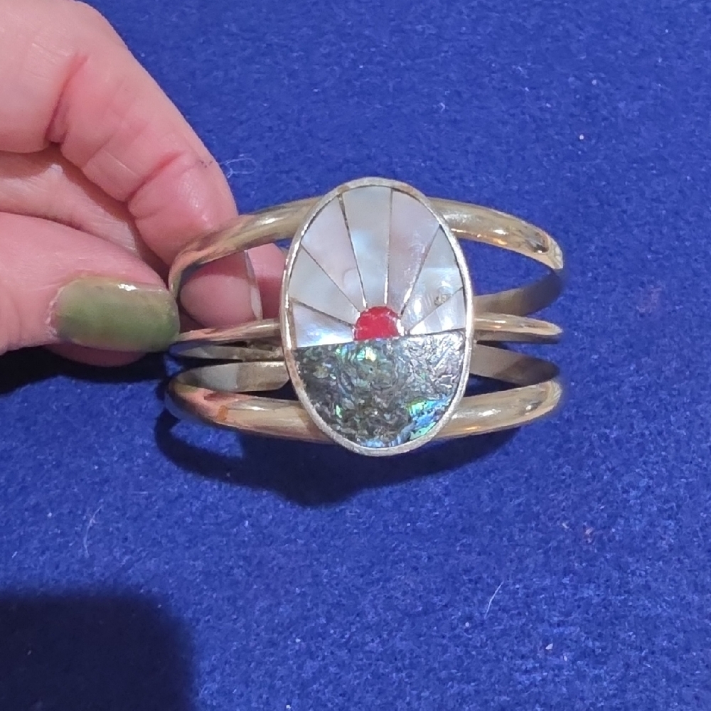 Sterling Silver Cuff Bracelet with Mother-of-Pearl and Red Accent
